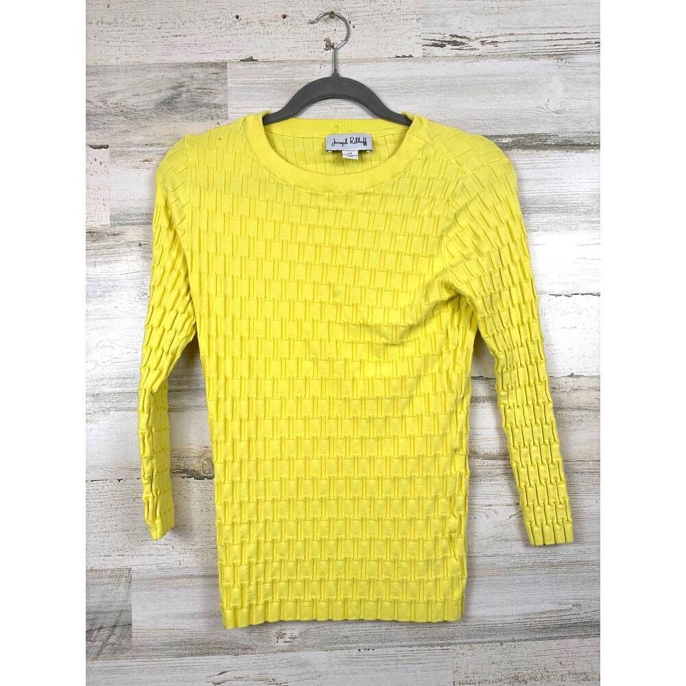 Joseph Ribkoff Womens S Yellow Basketweave Ribbed 3 4 Sleeve Pullover Sweater